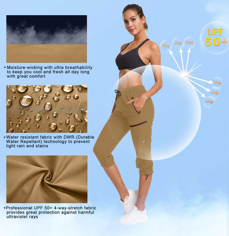 ChinFun Women's Cargo Hiking Pants Water Resistant UPF 50+ Stretch Capris Deep Khaki L - Image 3